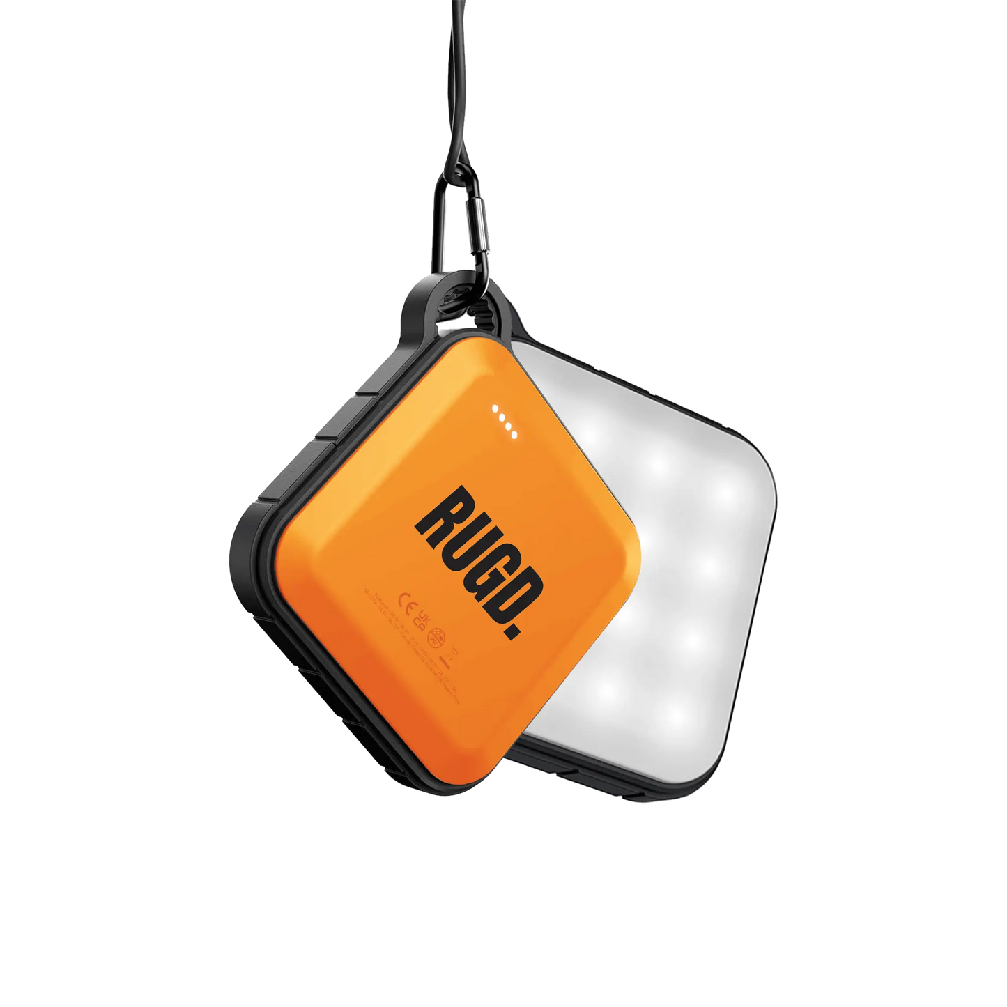 RUGD Power Brick I - versatile camping power bank with LED light, hanging hook, ideal for outdoor adventures.