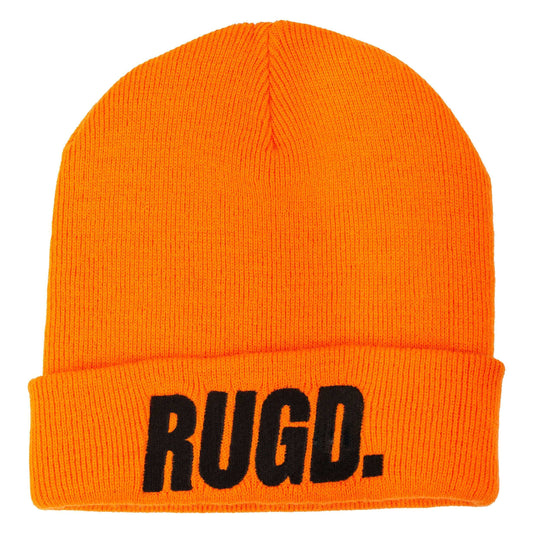 Bright orange RUGD. unisex beanie hat with embroidered logo, soft and comfortable fabric, one size fits all, exclusive edition.